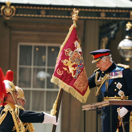 The King and The Princess Royal present the new Sovereign's Standard to The Blues and Royals 