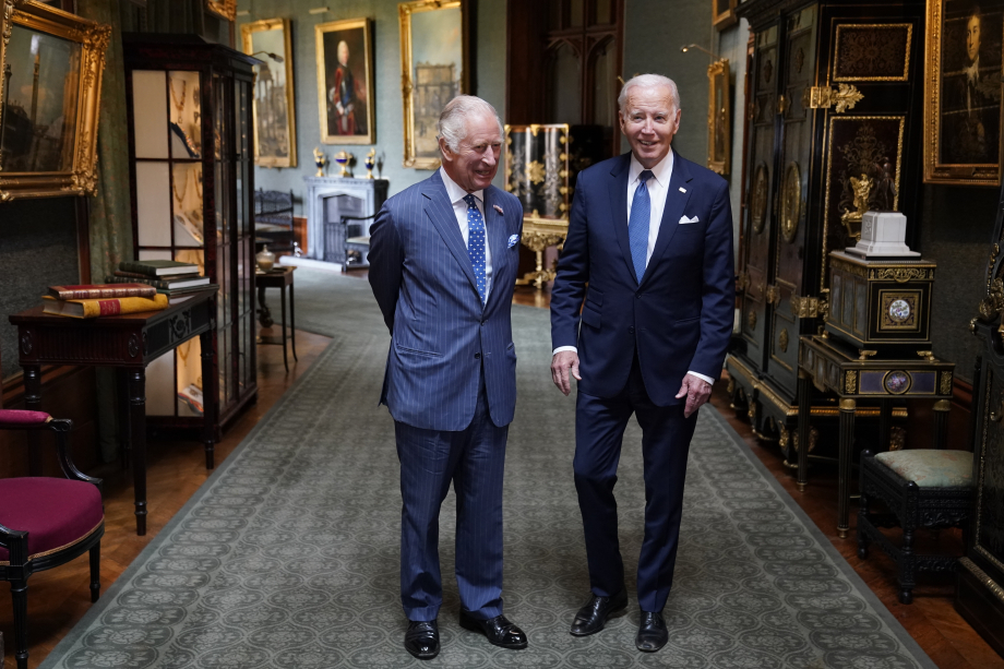 King Charles III and US President Joe Biden in the Grand Corridor at Windsor Castle