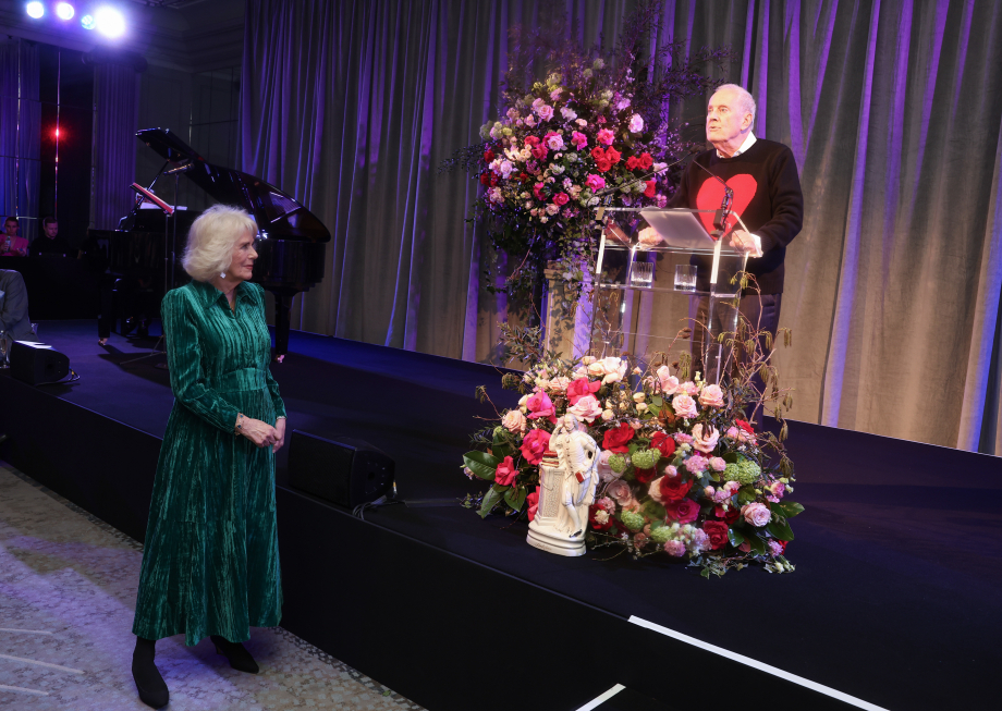 Queen Camilla listens to a speech by host Gyles Brandreth at a Celebration of Shakespeare event at Grosvenor House, central London, marking 400 years since the first Shakespeare folio