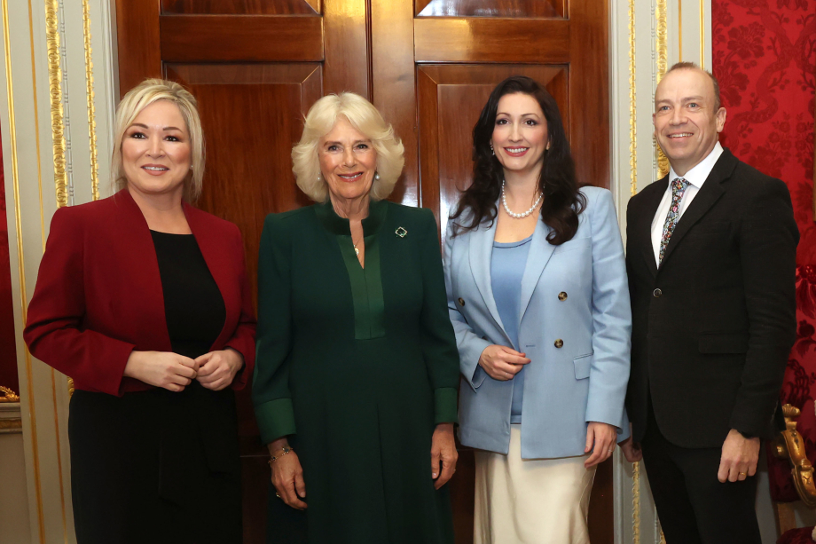 Queen Camilla with First Minister Michelle O'Neill, Deputy First Minister Emma Little-Pengelly and Northern Ireland Secretary Chris Heaton-Harris.