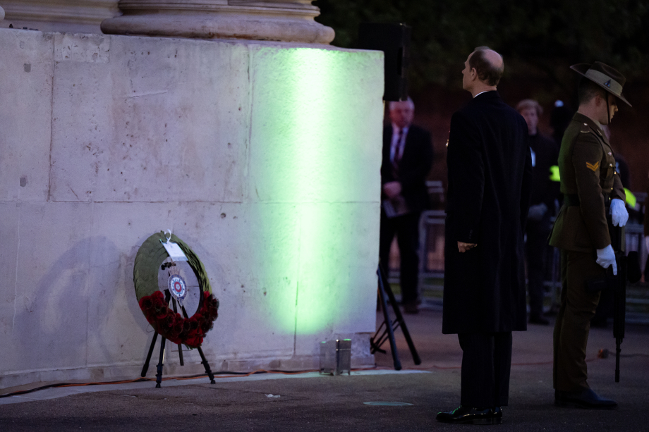 The Duke of Edinburgh lays a wreath during the dawn service in commemoration for Anzac Day at the Australia Memorial at Hyde Park Corner in London.