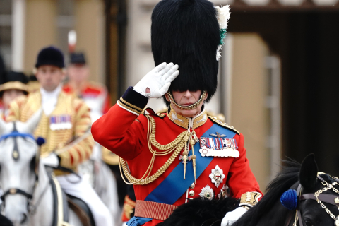 The King takes the salute, wearing a bearskin hat