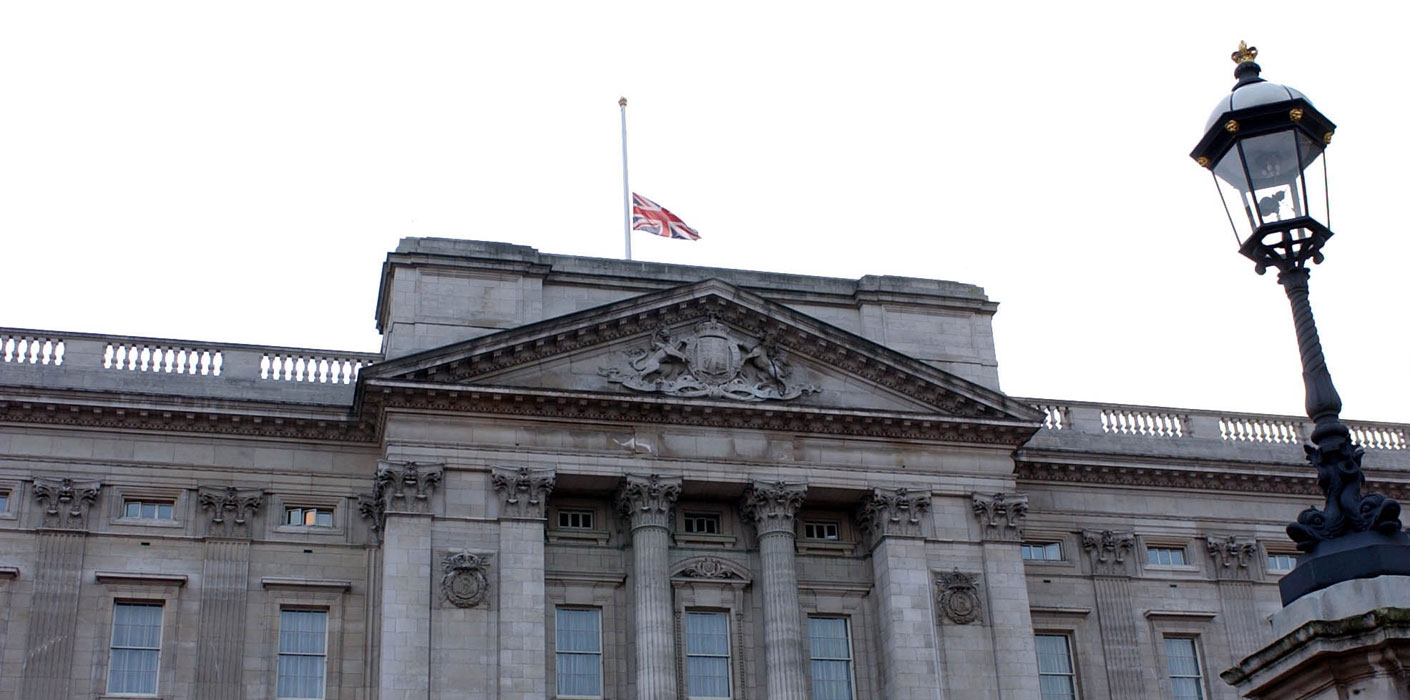 A flag flying at half mast over Buckingham Palace