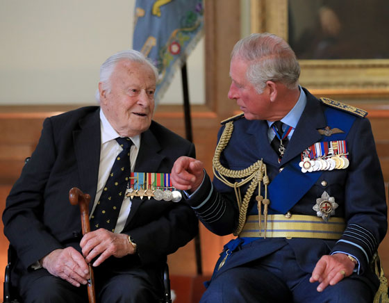 The Prince of Wales talks to Battle of Britain veteran Squadron Leader Geoffrey Wellum
