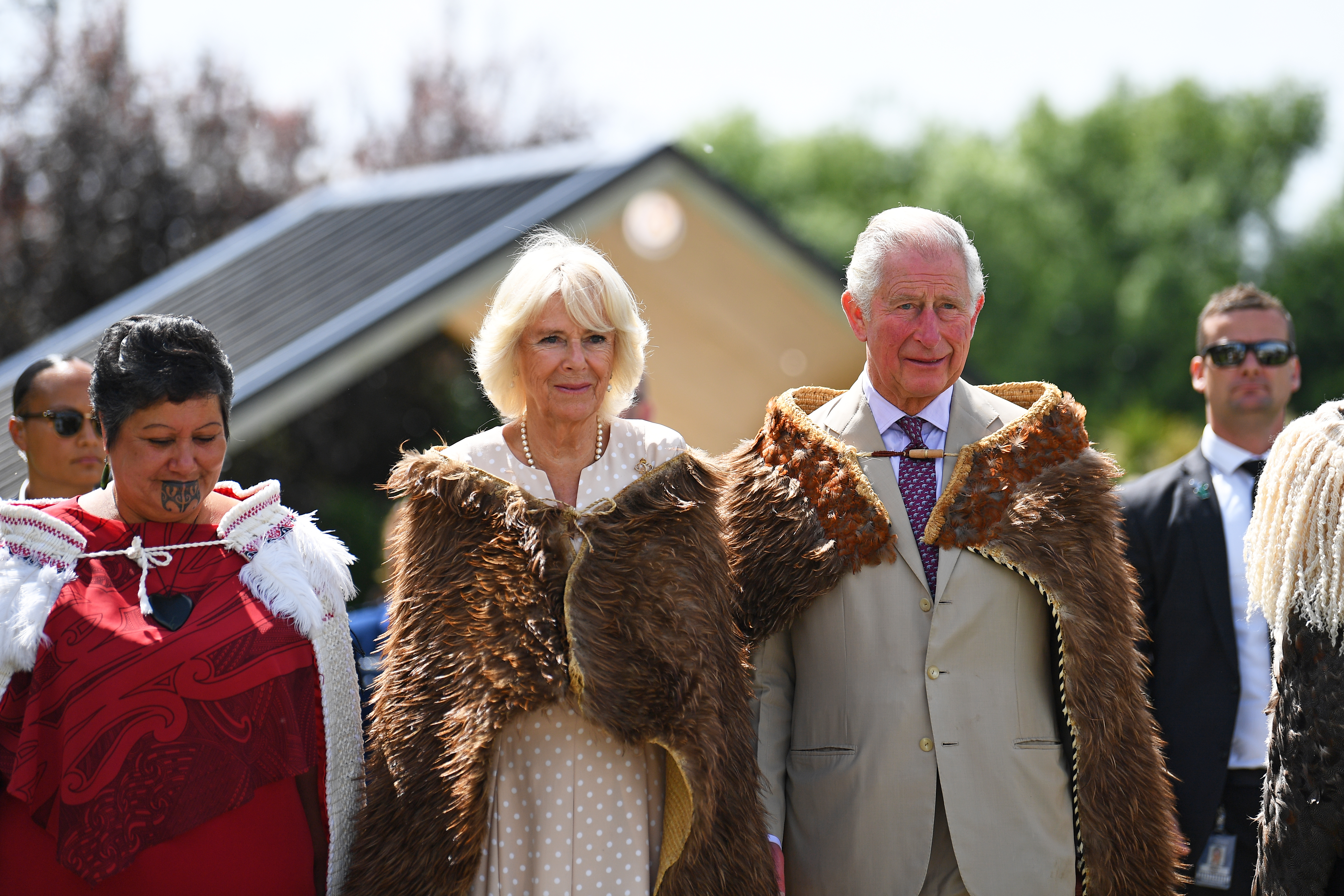 The Prince and The Duchess wearing korowai, Maori cloaks, during the welcome ceremony