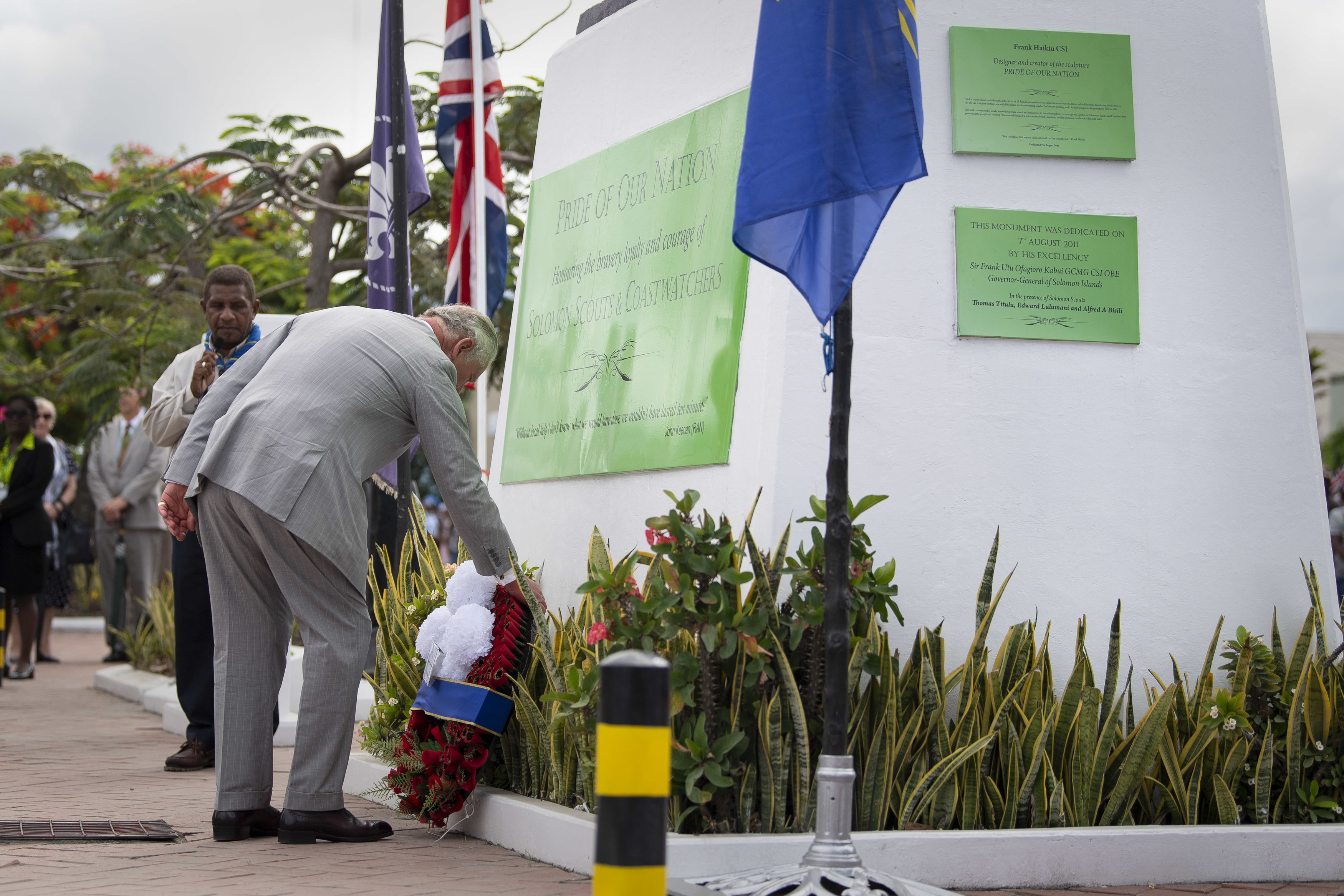 His Royal Highness lays a wreath at a memorial in the Solomon Islands 