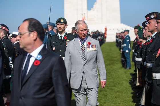 The Prince of Wales reviews the guard at the commemorative ceremony at the Canadian National Vimy Memorial