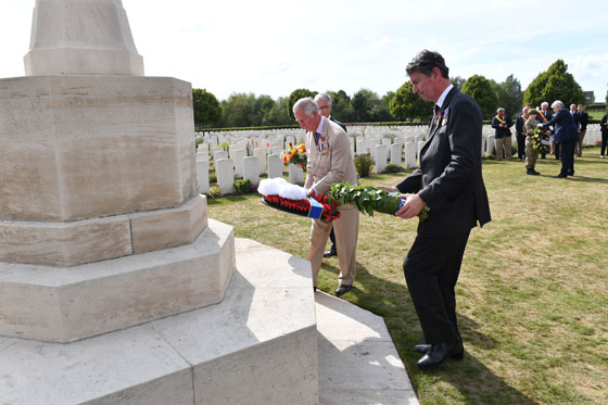 The Prince of Wales and Vice Admiral Sir Timothy Laurence during a wreath laying ceremony at the Artillery Wood Cemetery in Ypres