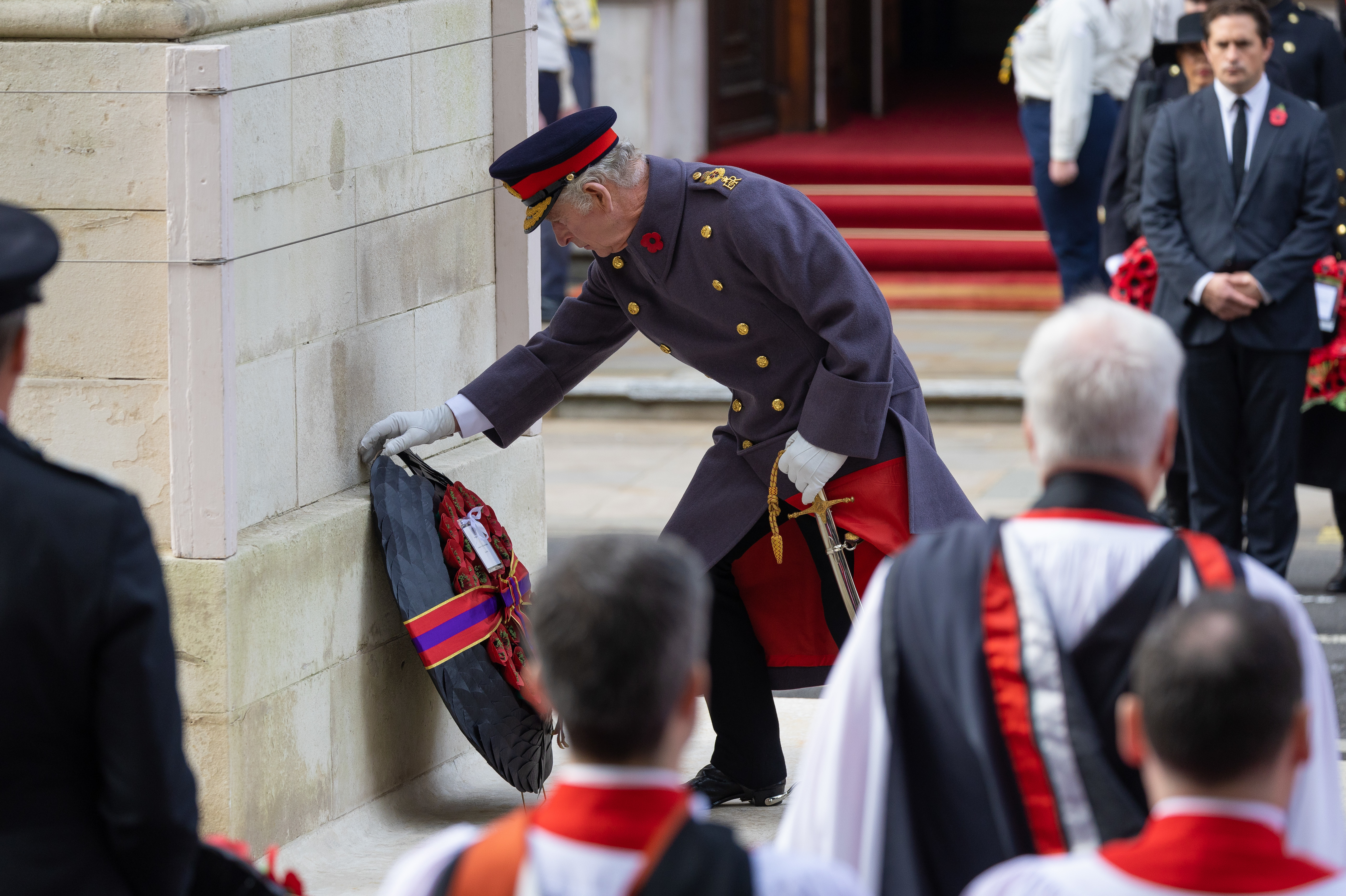 The King lays a wreath at the Cenotaph