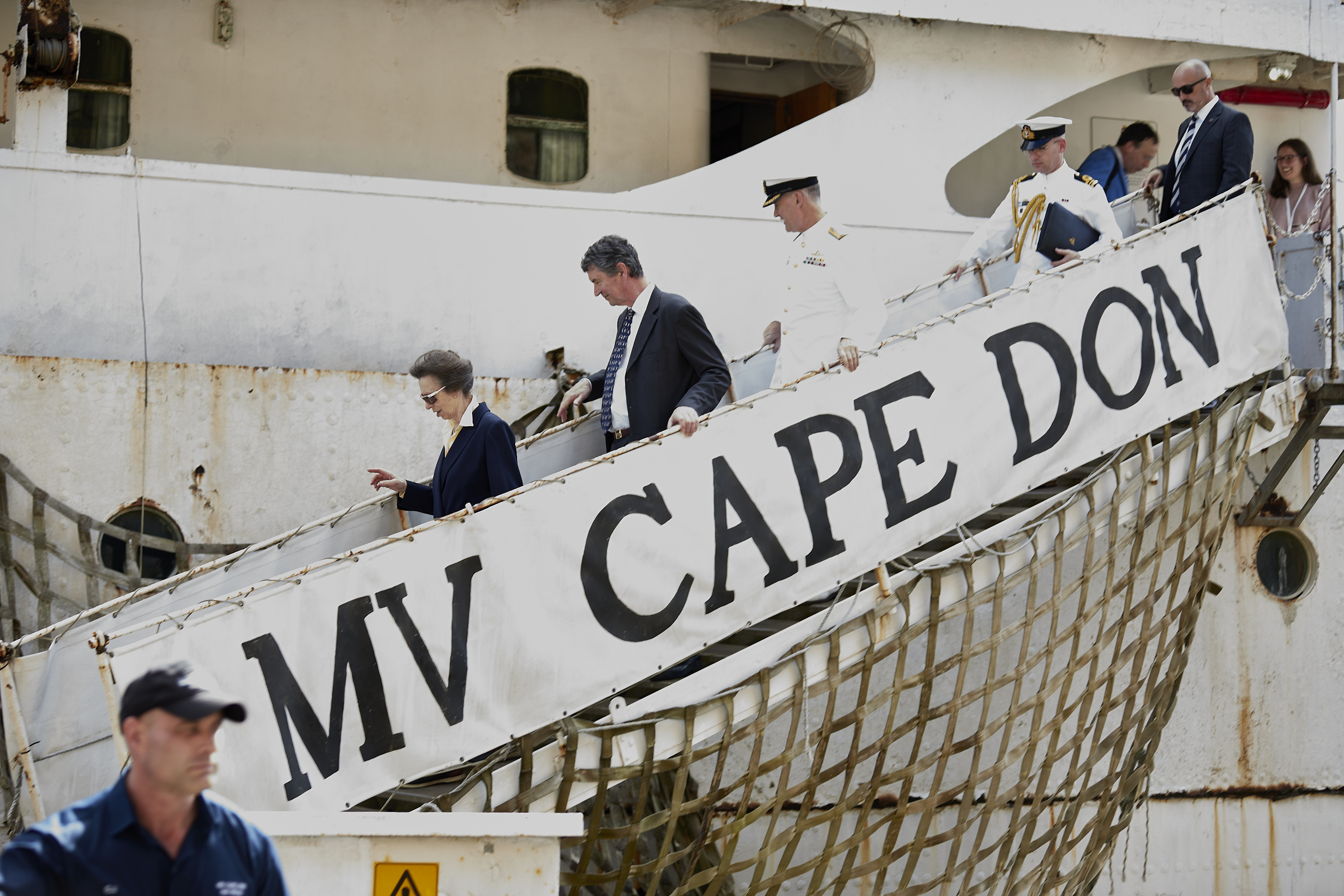 The Princess Royal arrives on MV Cape Don