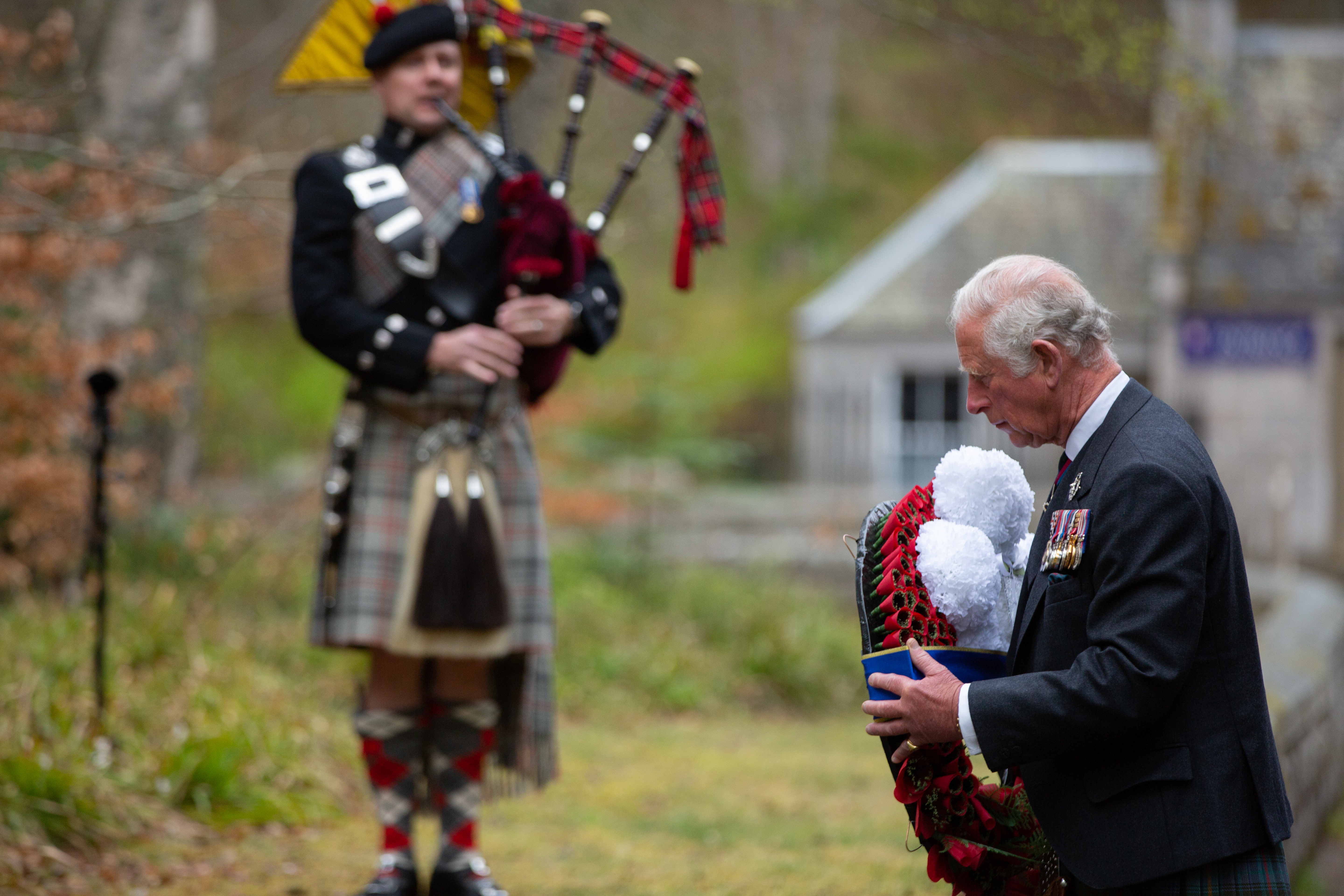 The Prince of Wales lays a wreath at the Balmoral Memorial, Aberdeenshire