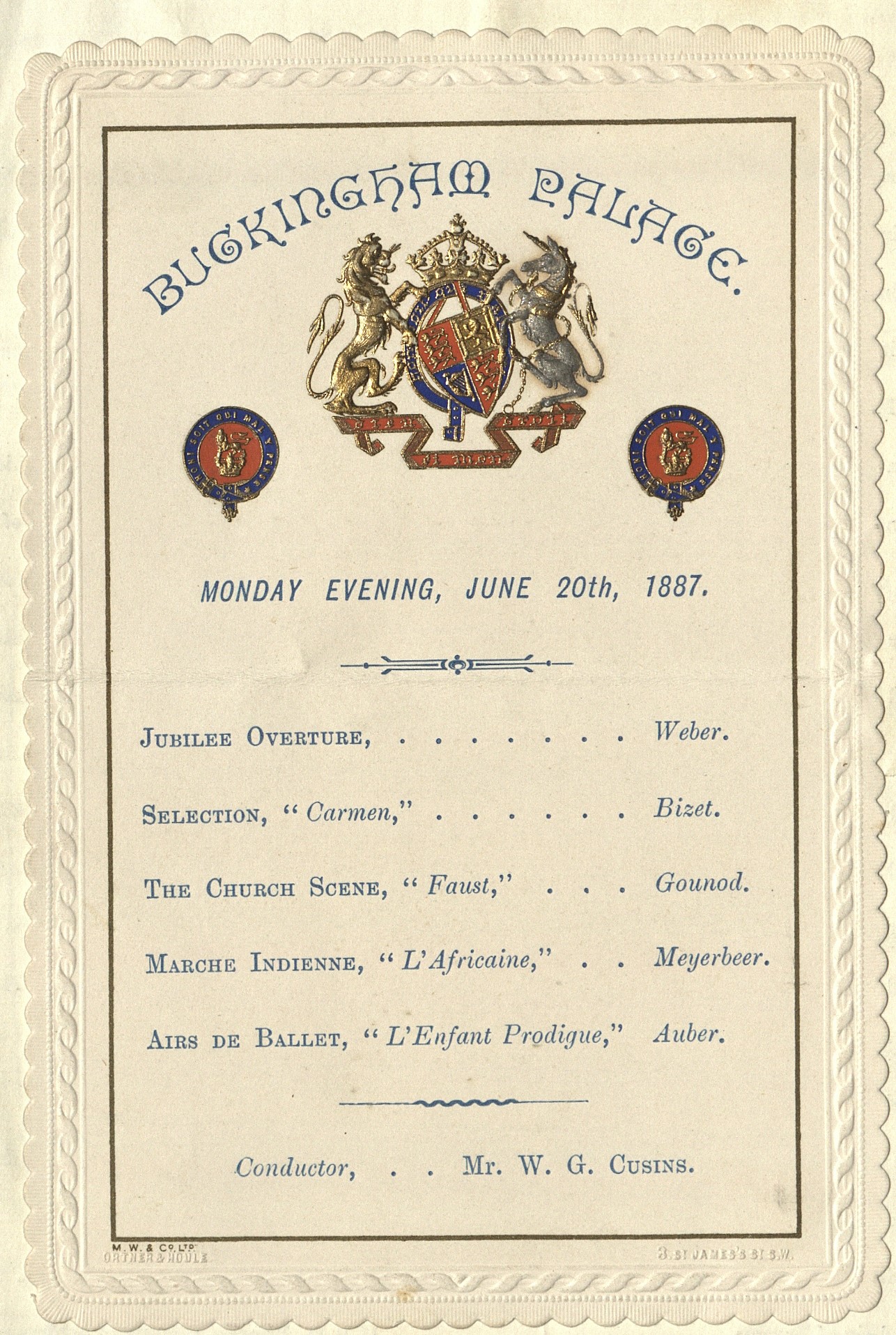 Music list for Queen Victoria's Golden Jubilee Dinner
