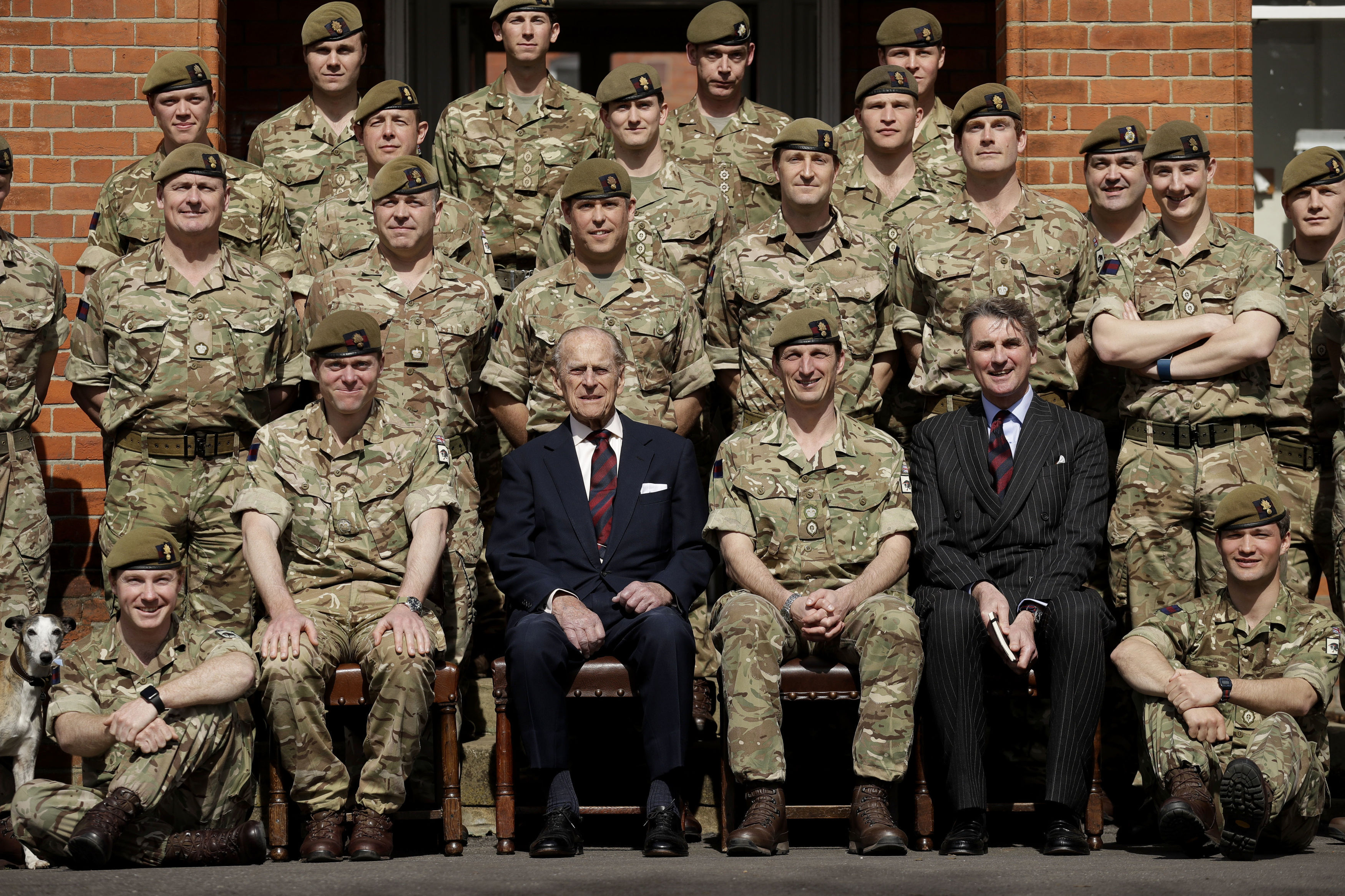 The Duke of Edinburgh poses for a group photo with the Grenadier Guards