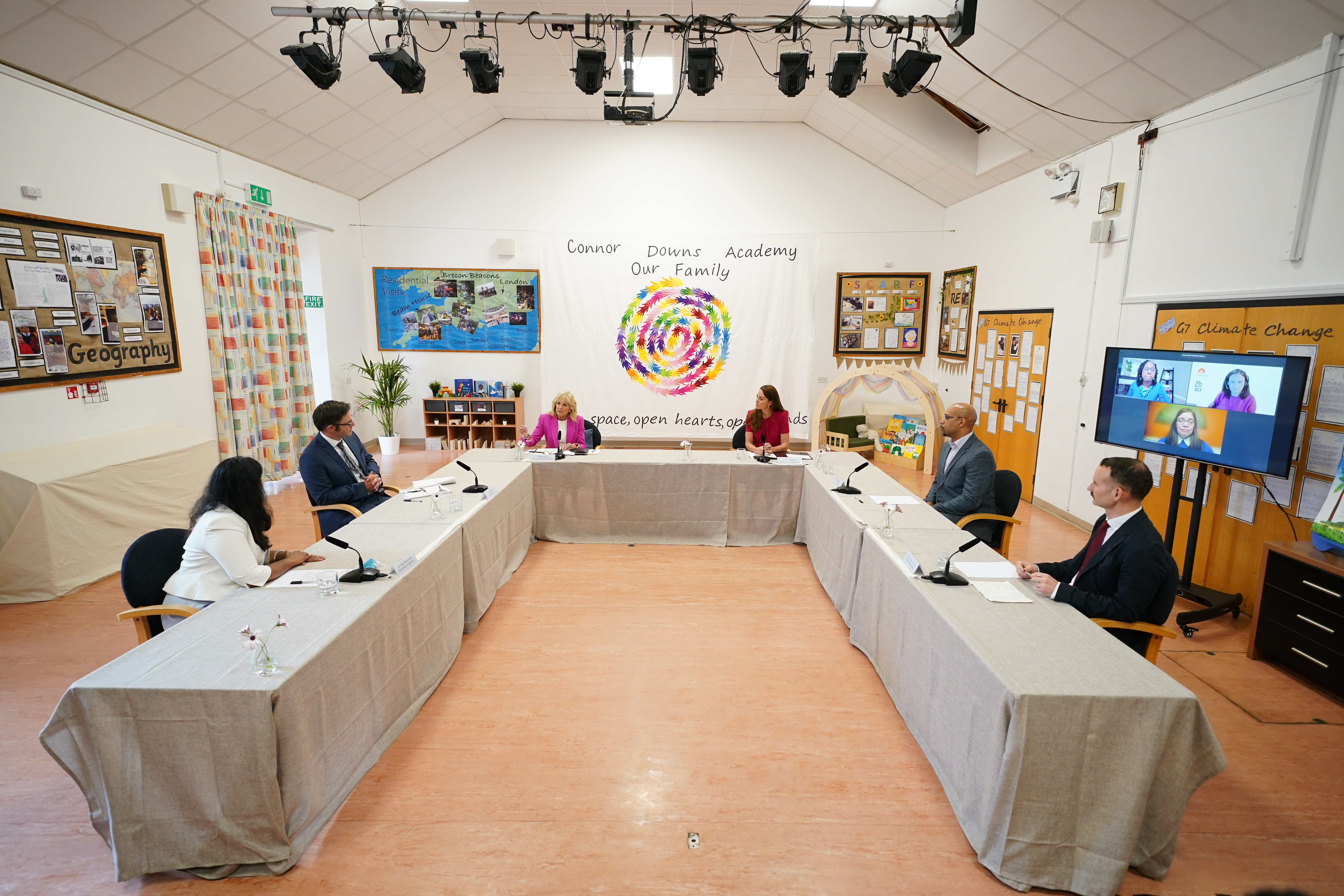 The Duchess of Cambridge and Dr Biden participate in an education round-table.