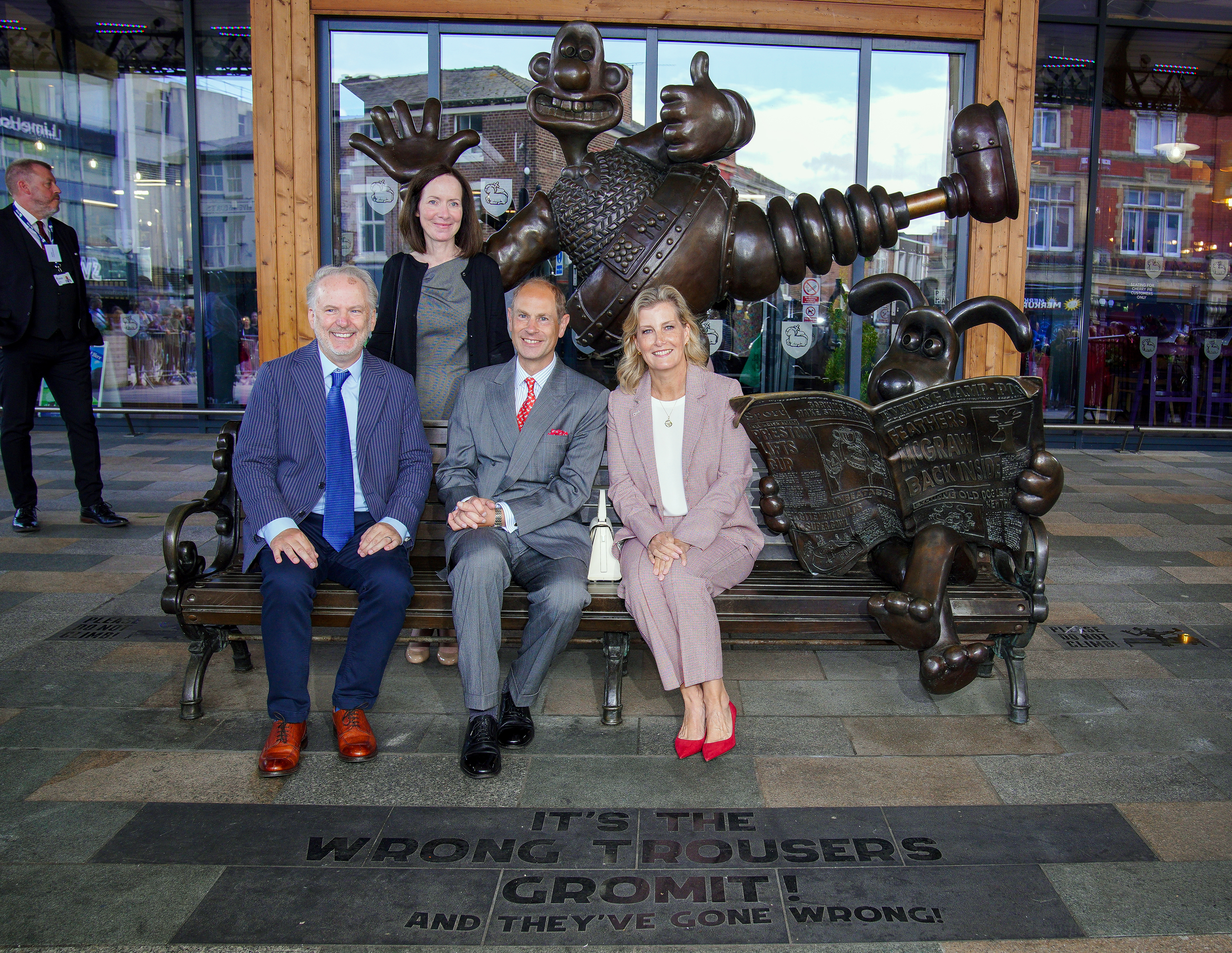 The Earl and Countess of Wessex at the Wallace and Gromit Bench