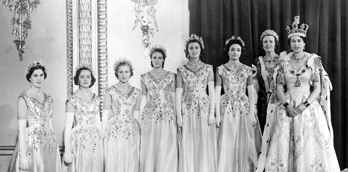 Queen Elizabeth with her Maids of Honour after the Coronation