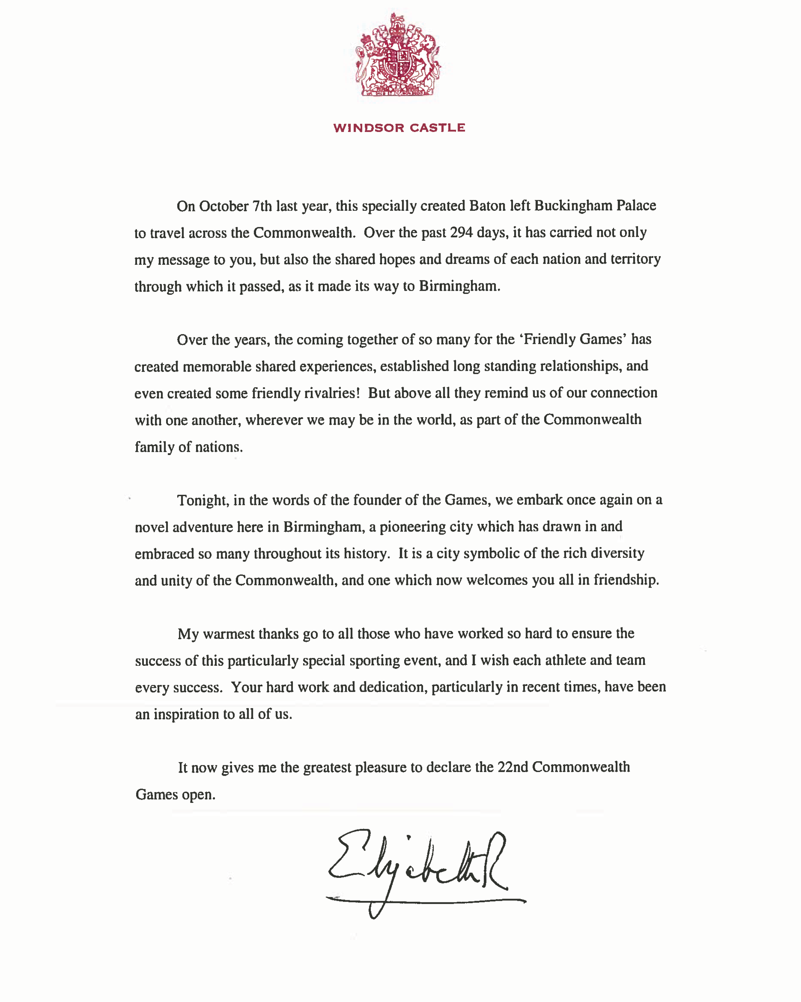 The Queen's message for the Commonwealth Games