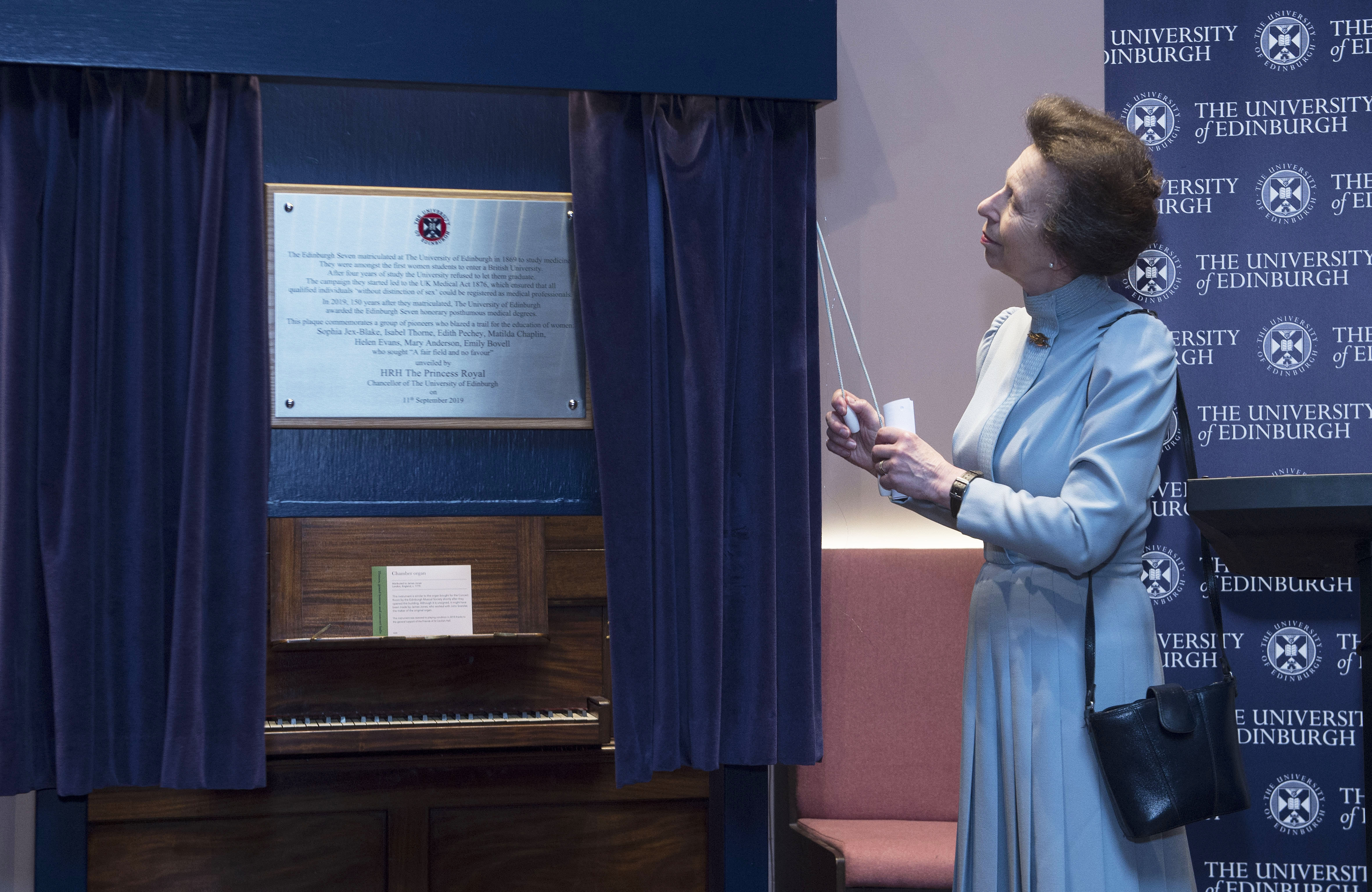 The Princess Royal unveils a plaque at The University of Edinburgh in honour of the Edinburgh Seven