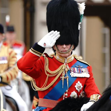 The King takes the salute, wearing a bearskin hat