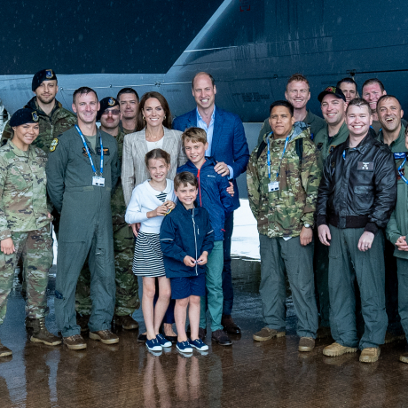 Prince and Princess of Wales, Prince George, Princess Charlotte and Prince Louis pose for a group shot with members of the United States Air Force at the Royal International Air Tattoo