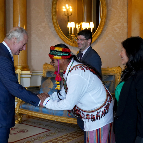 King Charles III receives the indigenous elder Uyunkar Domingo Peas, spokesperson for the Sacred Headwaters of the Amazon