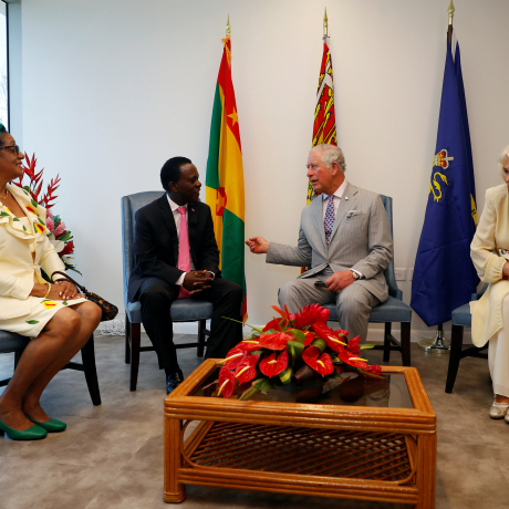 The King and Queen meet the Prime Minister of Grenada, Dr. Keith Mitchell and Governor-General, Dame Cecile La Grenade at the Grenada Houses of Parliament Building during a one day visit to the Caribbean island of Grenada.