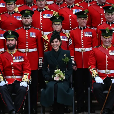 The Princess of Wales laughing and joined by the Irish Guards