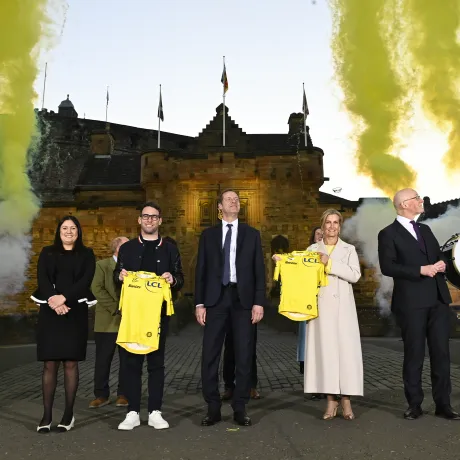 The Duchess of Edinburgh holding yellow jersey at Tour de France 2027 Grand Departs announcement