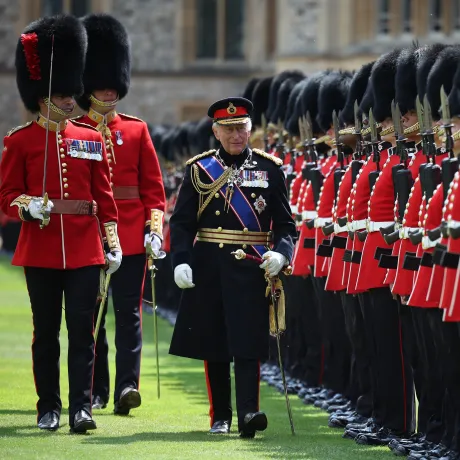 The King, as Colonel-in-Chief, inspects the Coldstream Guards