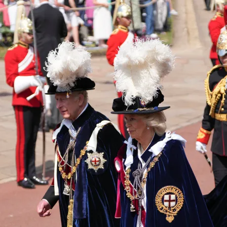 King Charles III and Queen Camilla arrive to attend the Order of the Garter Service