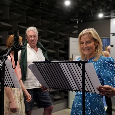 The Duchess of Edinburgh with cast members from The Archers, in the recording studio