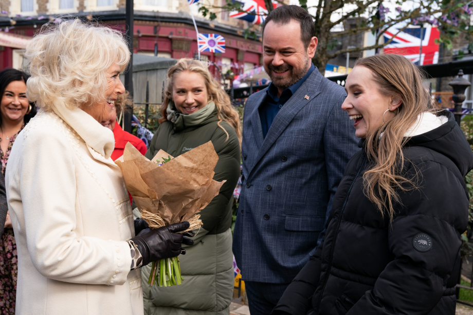 The Queen Consort meets Rose Ayling-Ellis during a visit to the set of EastEnders at the BBC studios in Elstree, Hertfordshire.