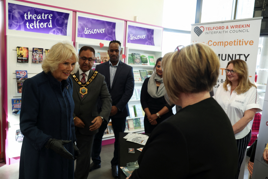 The Queen Consort during a visit to the Southwater One library