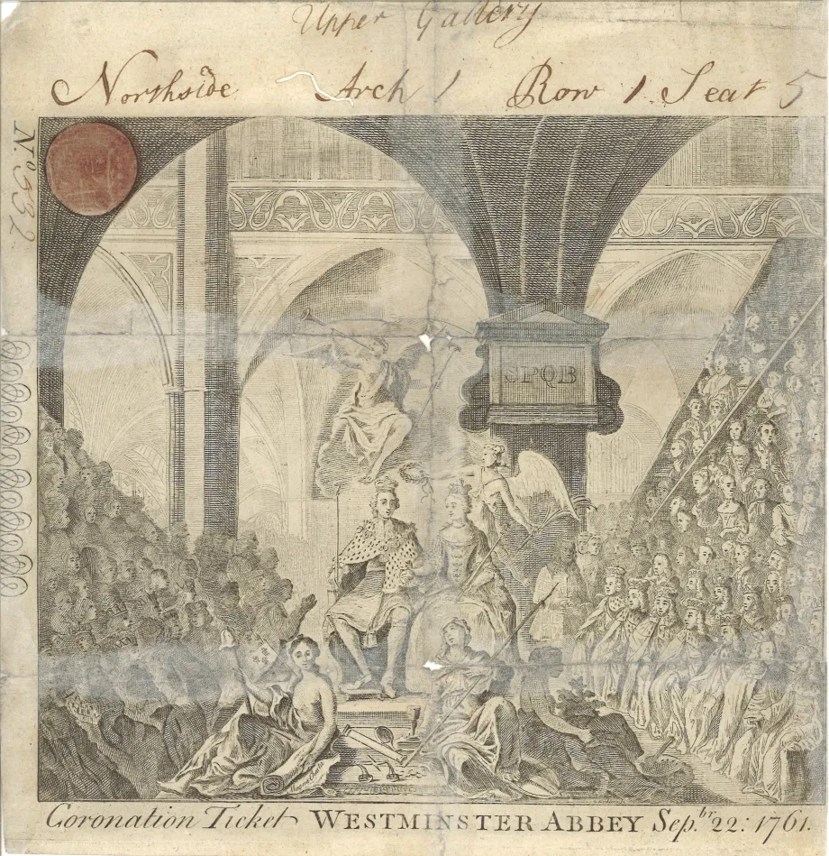 Admission ticket for the Upper Gallery of Westminster Abbey for the Coronation of King George III and Queen Charlotte 