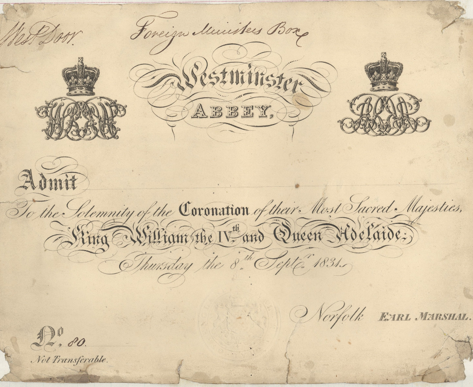 Admission ticket for the Coronation of King William IV and Queen Adelaide at Westminster Abbey