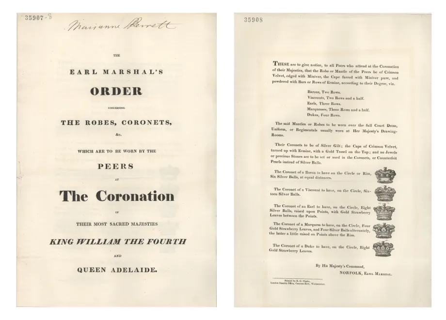 Earl Marshal’s Order concerning the Robes, Coronets etc, which are to be worn by the Peers at the Coronation 
