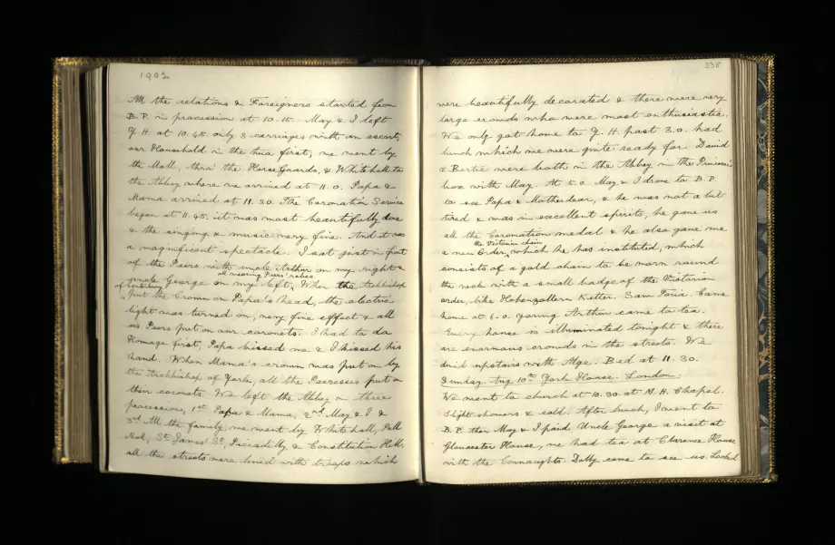 Entry from the diary of George, Prince of Wales (later King George V) for 9 August 1902 describing ‘Dear Papa & Mama’s Coronation Day’.