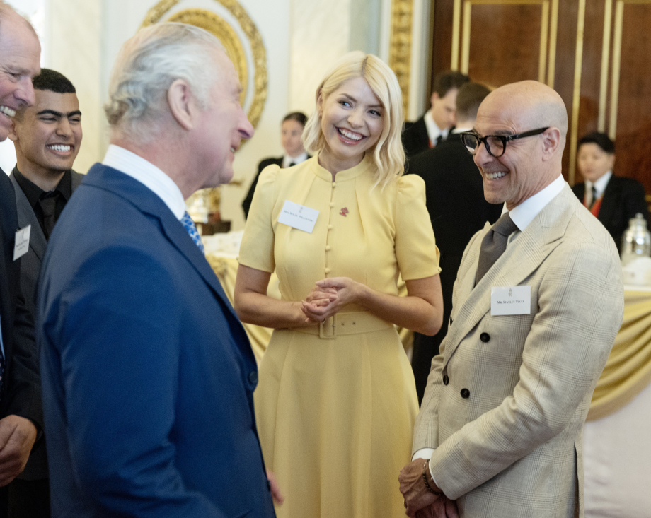 The King meets Stanley Tucci at a reception for winners of the 2023 Prince's Trust Awards