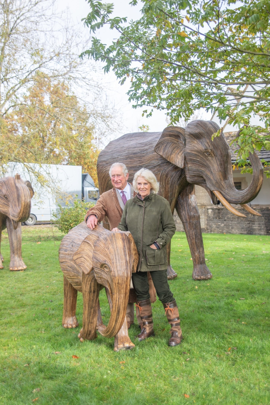 The King and Queen with laterna elephants at Highgrove