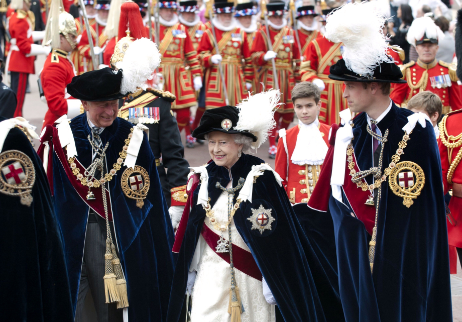 The King (as The Prince of Wales), Queen Elizabeth II and The Prince of Wales (as The Duke of Cambridge) attend Garter Day in 2013.