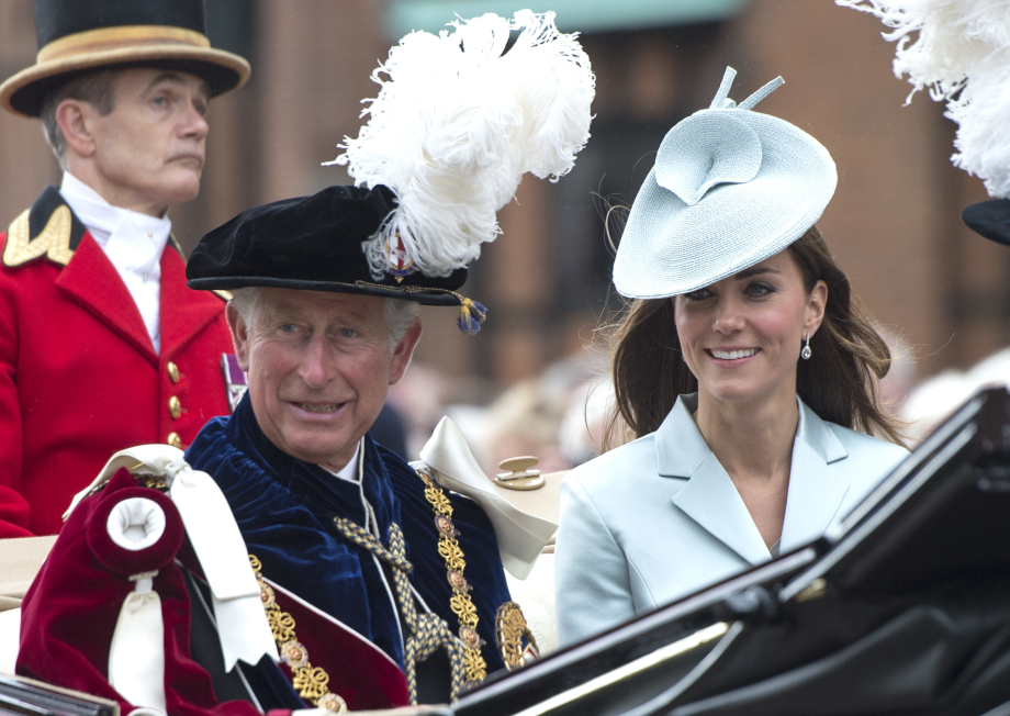 The King (as The Prince of Wales) and The Princess of Wales (as The Duchess of Cambridge) attend Garter Day in 2014.