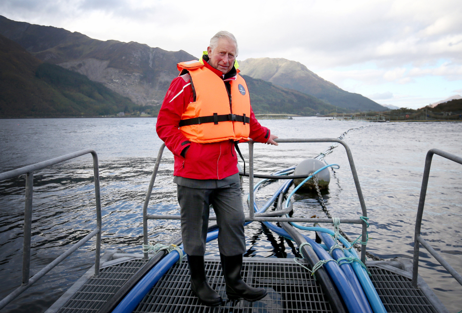 The King (as The Prince of Wales) visits a sustainable salmon farm at Marine Harvest's Loch Leven Fish Farm