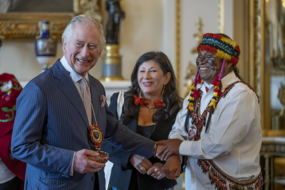 The King with Amazon Indigenous leader Domingo Peas at a Biodiversity Reception at Buckingham Palace