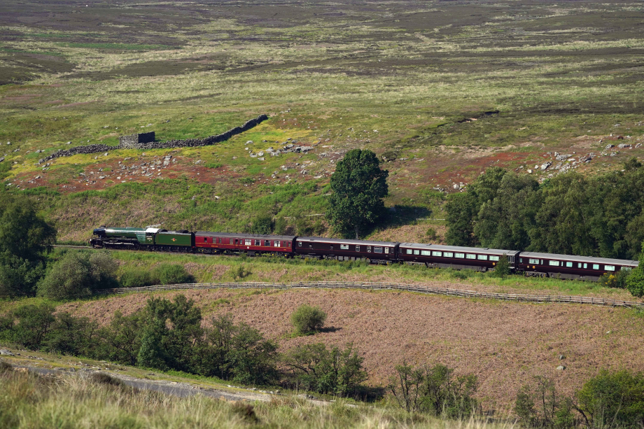 The Flying Scotsman travels through the Yorkshire countryside