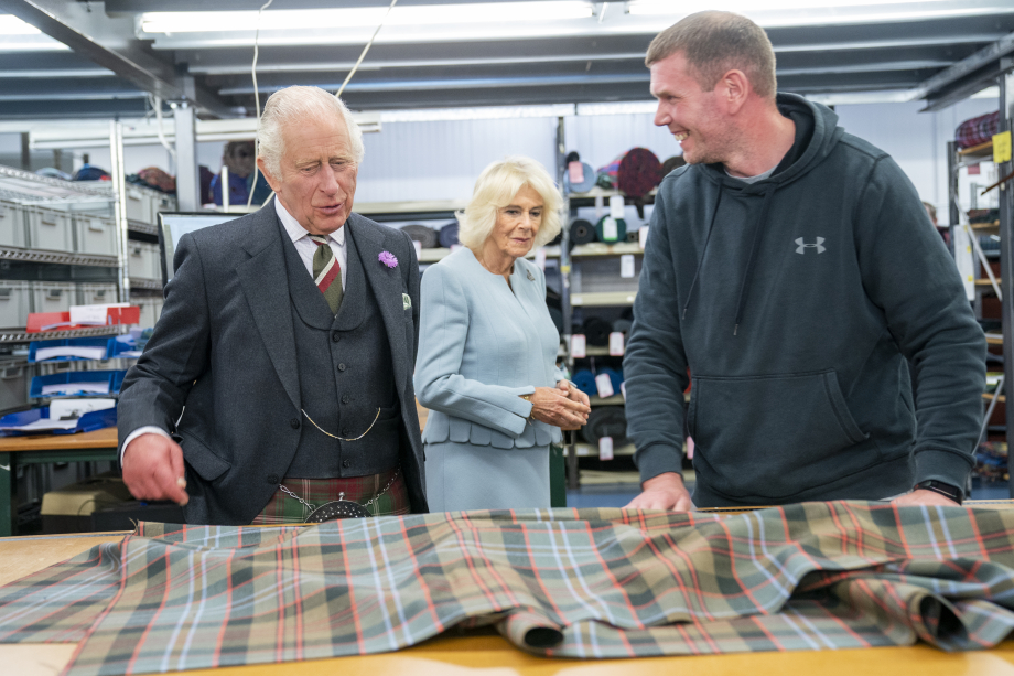 The King and Queen visit the Lochcarron of Scotland weaving mill 