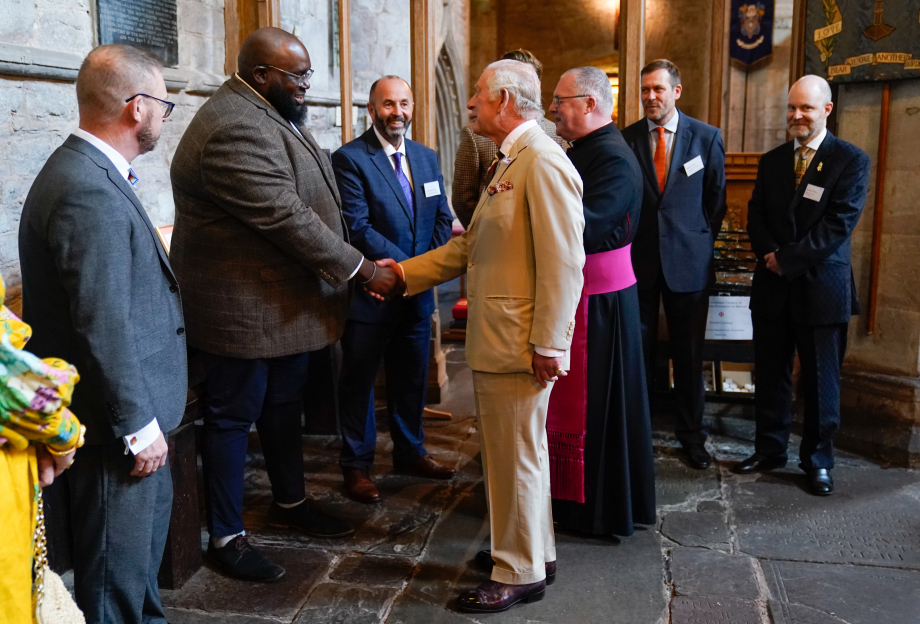 The King meets members of the congregation in Brecon Cathedral