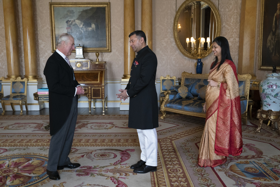 The King receives His Excellency the High Commissioner for India Mr Vikram Doraiswami and Mrs Sangeeta Doraiswami