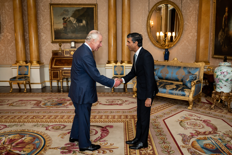 The King welcomes Prime Minister Rishi Sunak during an audience at Buckingham Palace