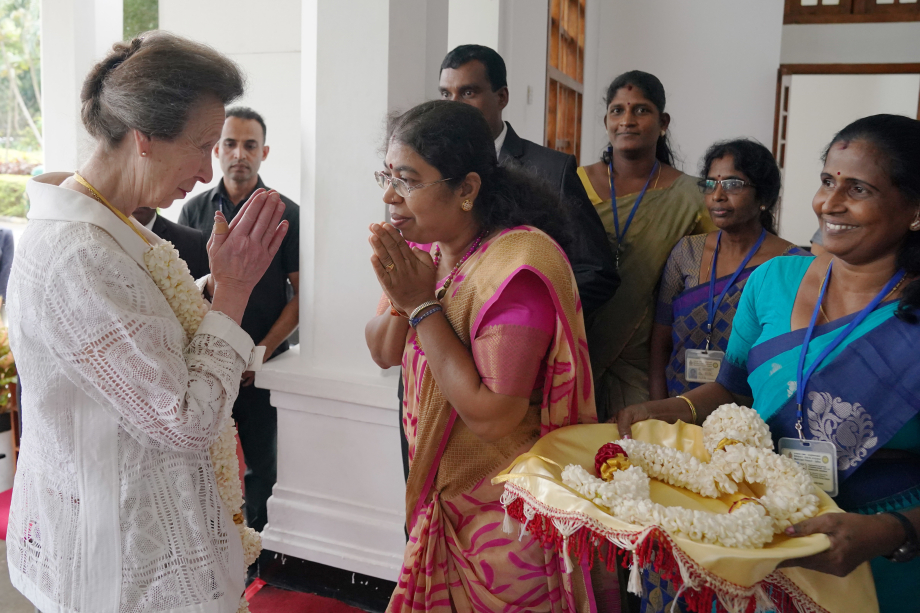 The Princess Royal receives a greeting as she arrives to visit the Jaffna Public Library in Jaffna during day two of her visit to mark 75 years of diplomatic relations between the UK and Sri Lanka.