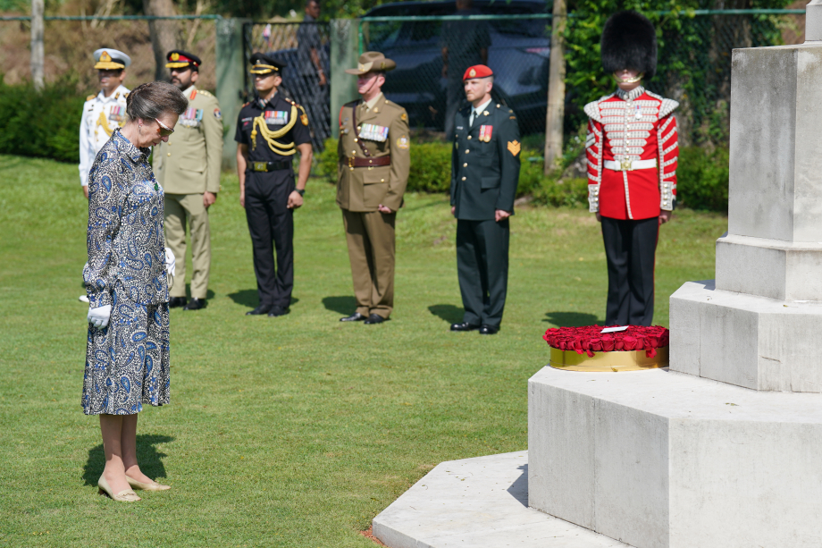 The Princess Royal pays her respects after laying a wreath at the foot of the War Memorial during a visit to Commonwealth War Graves Commission Jawatte Cemetery in Colombo, Sri Lanka, as part of day three of a visit to mark 75 years of diplomatic relations between the UK and Sri Lanka.